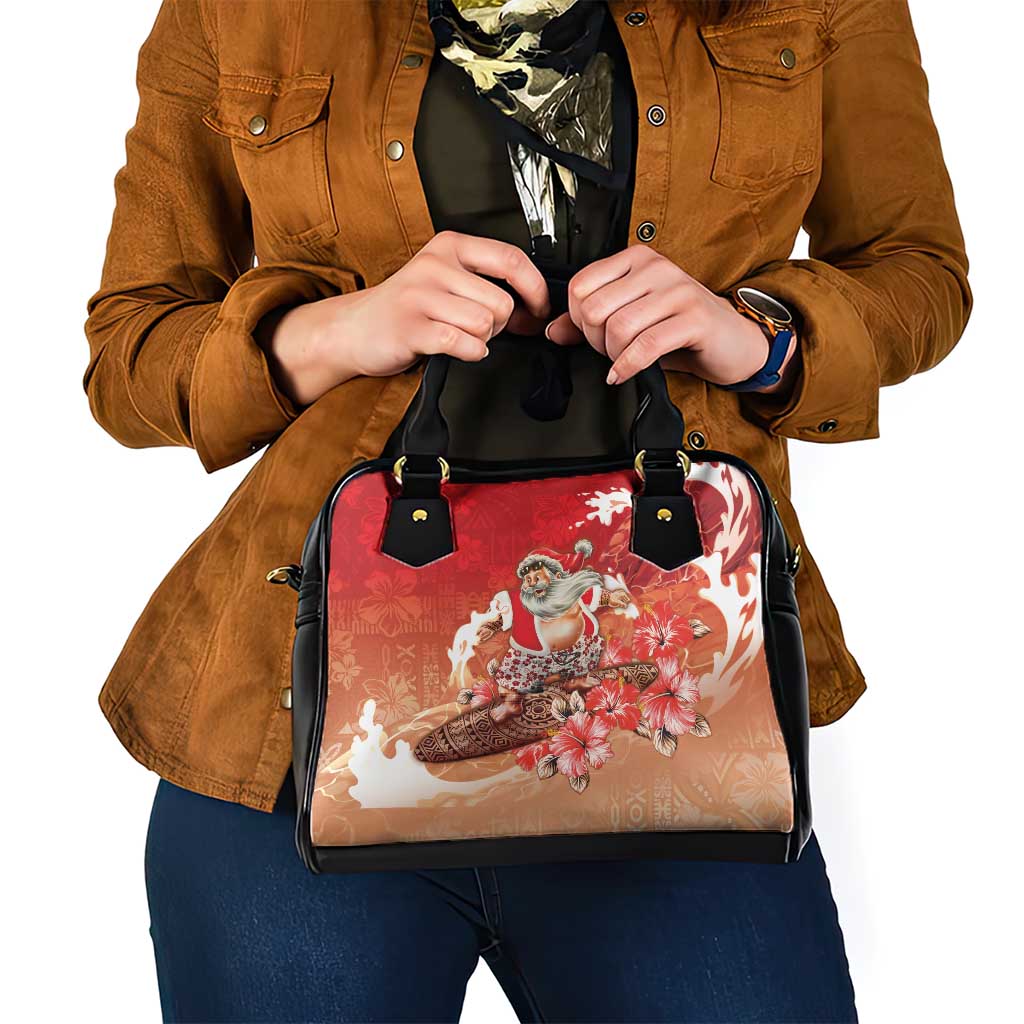 Hawaii Funny Christmas Shoulder Handbag Santa Surfing With Tapa Pattern - Polynesian Pride