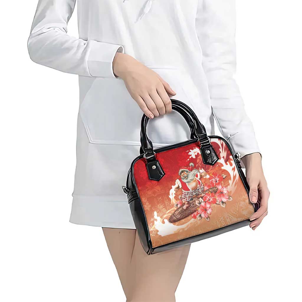 Hawaii Funny Christmas Shoulder Handbag Santa Surfing With Tapa Pattern - Polynesian Pride
