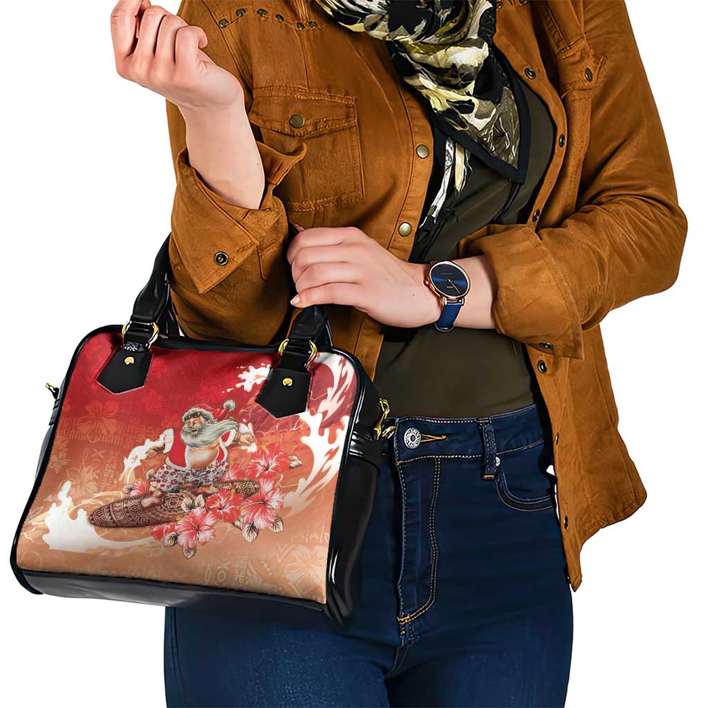 Hawaii Funny Christmas Shoulder Handbag Santa Surfing With Tapa Pattern - Polynesian Pride