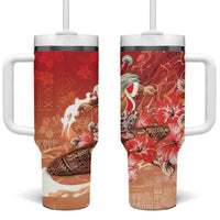 Hawaii Funny Christmas Tumbler With Handle Santa Surfing With Tapa Pattern LT05 One Size: 40 oz Red - Polynesian Pride