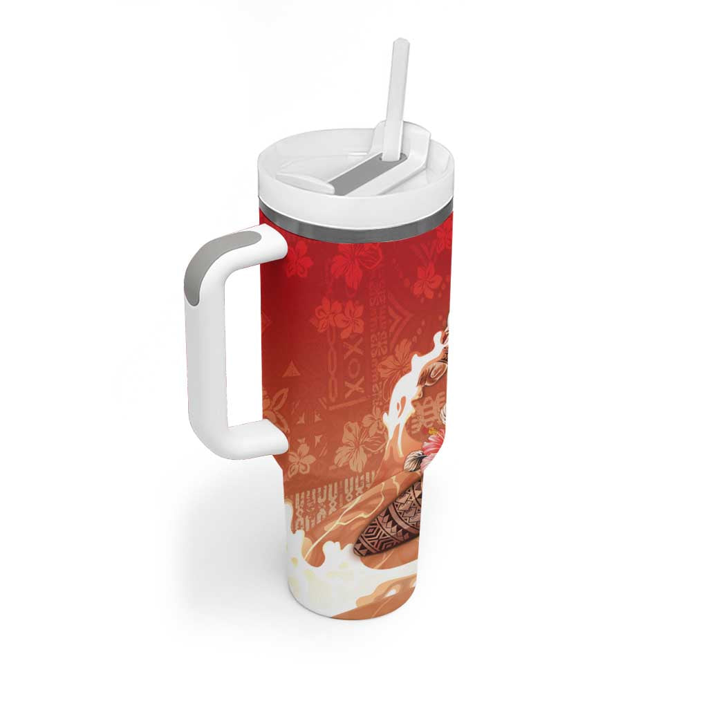 Hawaii Funny Christmas Tumbler With Handle Santa Surfing With Tapa Pattern LT05 - Polynesian Pride
