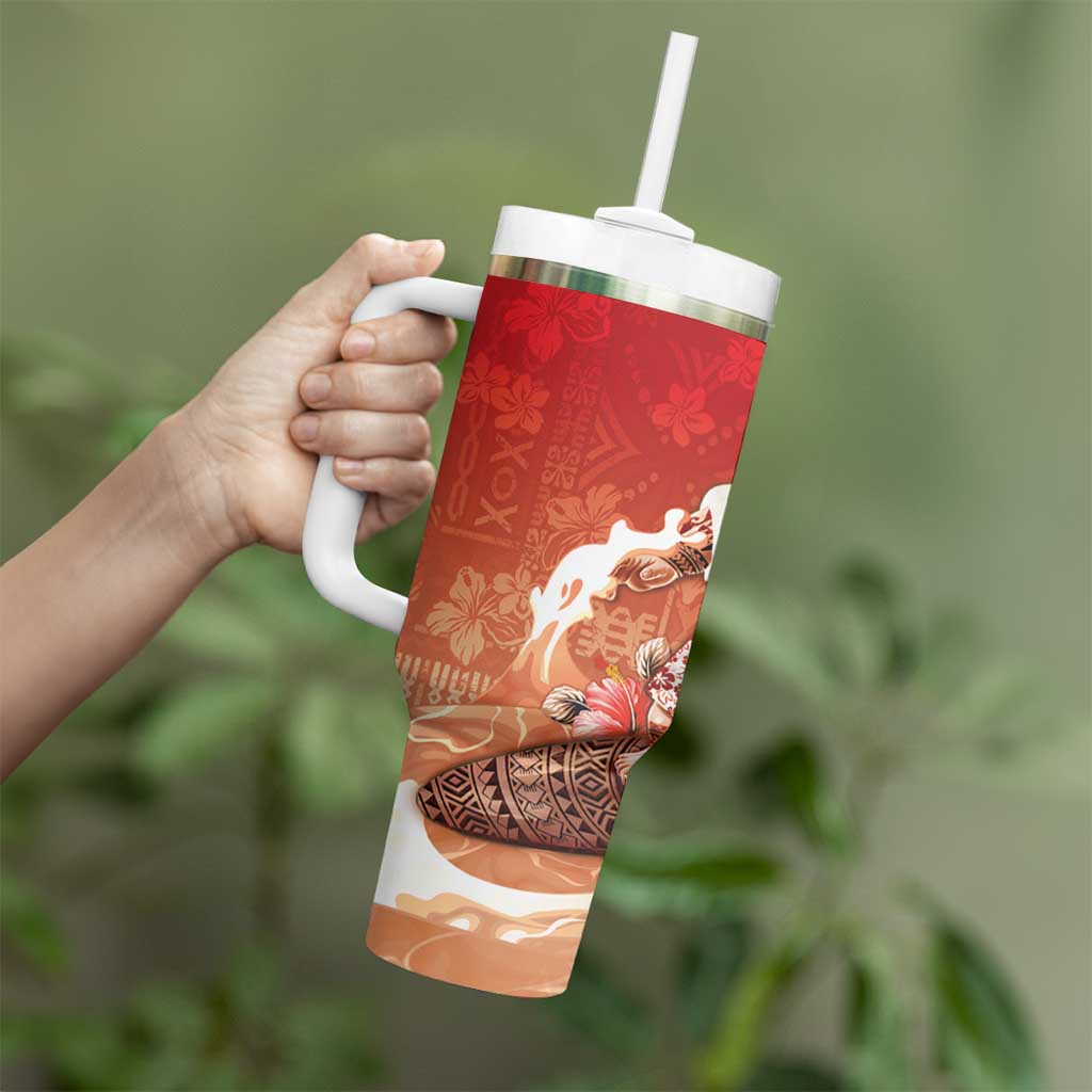 Hawaii Funny Christmas Tumbler With Handle Santa Surfing With Tapa Pattern LT05 - Polynesian Pride