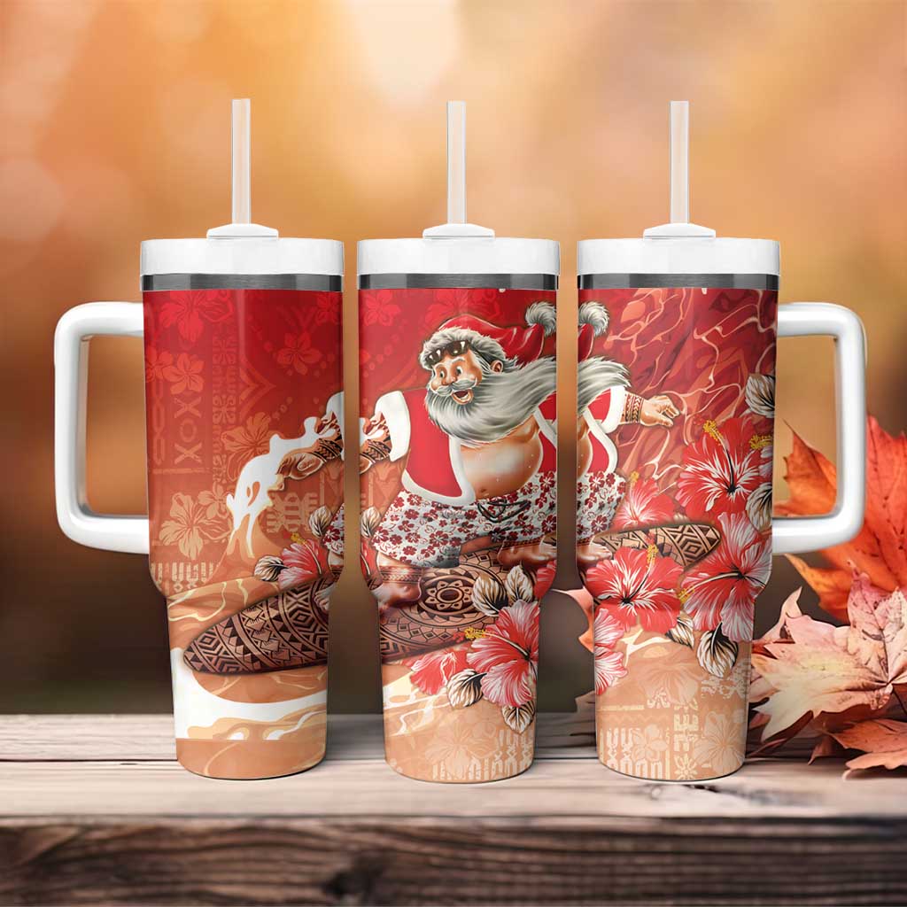 Hawaii Funny Christmas Tumbler With Handle Santa Surfing With Tapa Pattern LT05 - Polynesian Pride