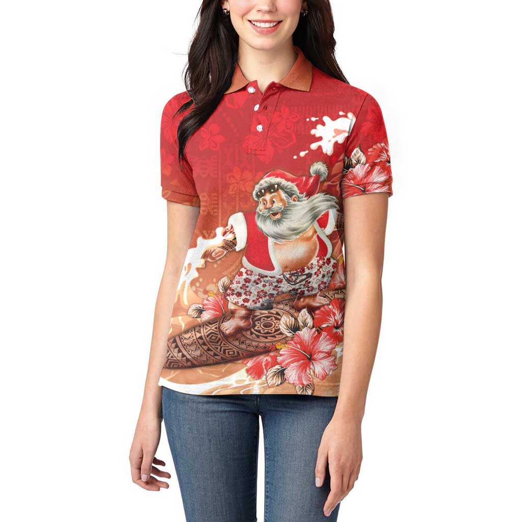 Hawaii Funny Christmas Women Polo Shirt Santa Surfing With Tapa Pattern - Polynesian Pride