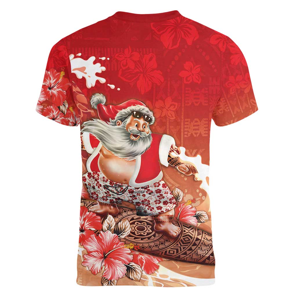 Hawaii Funny Christmas Women V-Neck T-Shirt Santa Surfing With Tapa Pattern - Polynesian Pride