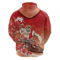 Hawaii Funny Christmas Zip Hoodie Santa Surfing With Tapa Pattern - Polynesian Pride