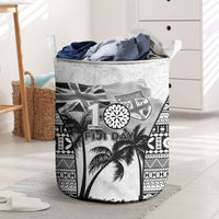 Fiji Day 2026 Laundry Basket Masi Tapa Pattern With Palm Tree White Version LT05 White - Polynesian Pride