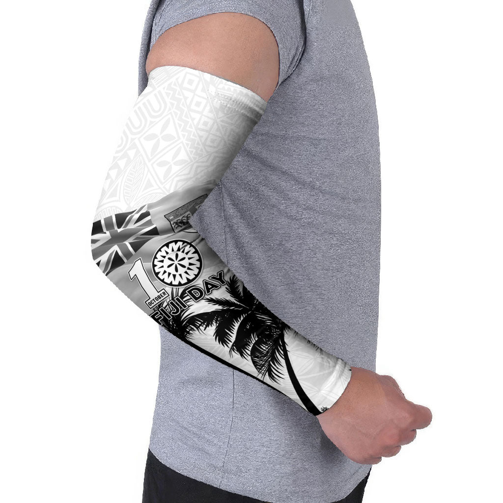 Personalised Fiji Day 2026 Arm Sleeves Masi Tapa Pattern With Palm Tree White Version LT05 - Polynesian Pride