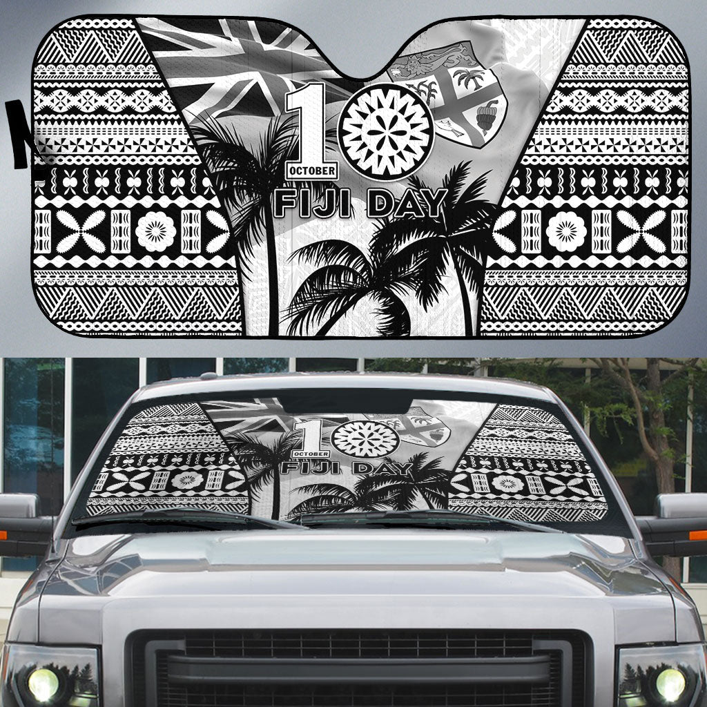 Fiji Day 2026 Auto Sun Shade Masi Tapa Pattern With Palm Tree White Version LT05 White - Polynesian Pride