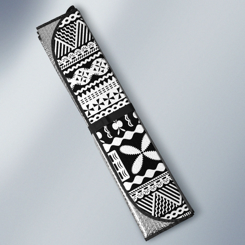 Fiji Day 2026 Auto Sun Shade Masi Tapa Pattern With Palm Tree White Version LT05 - Polynesian Pride