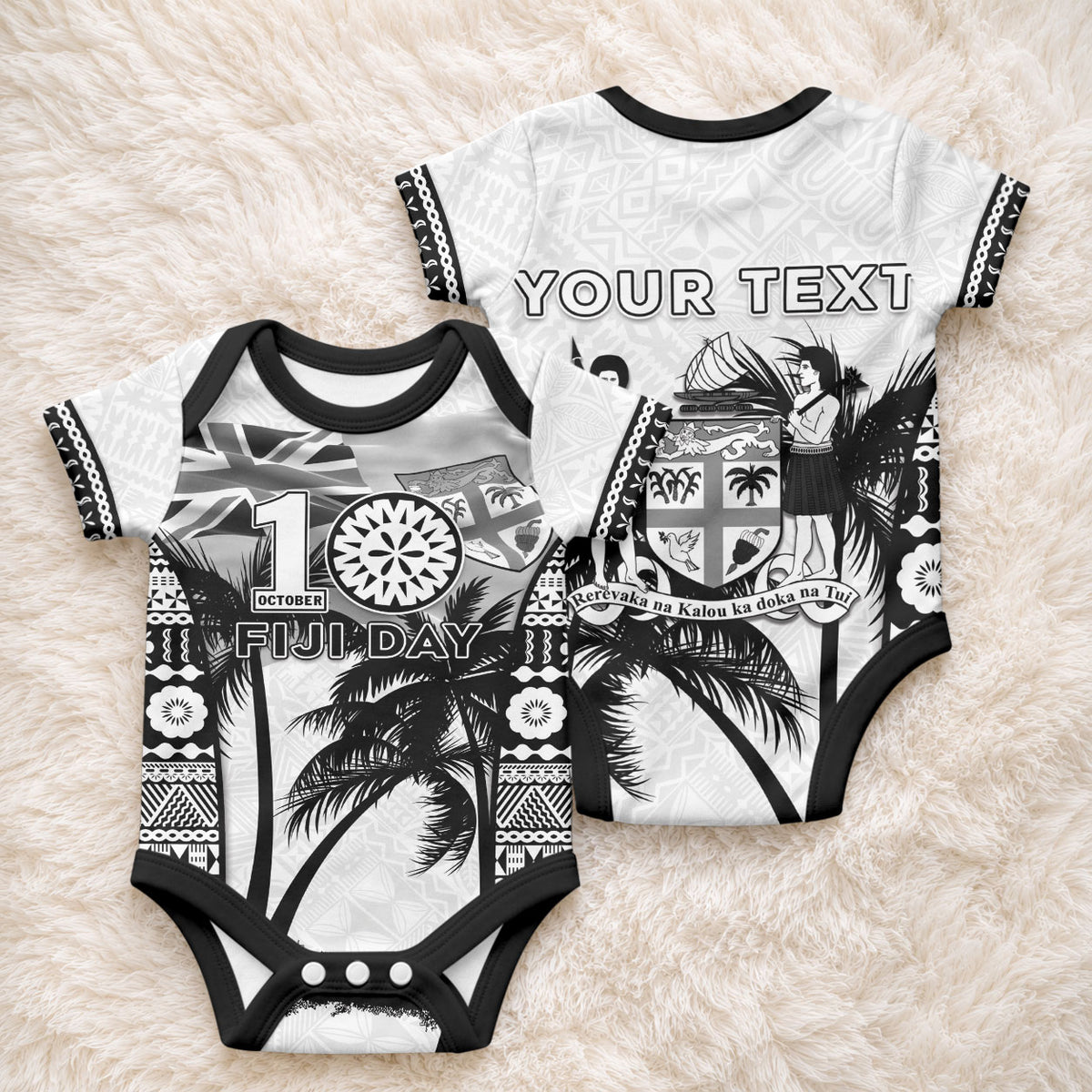 Personalised Fiji Day 2026 Baby Onesie Masi Tapa Pattern With Palm Tree White Version LT05 - Polynesian Pride