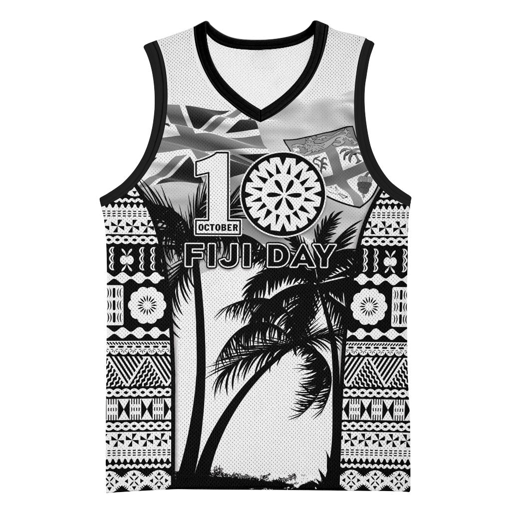 Personalised Fiji Day 2026 Basketball Jersey Masi Tapa Pattern With Palm Tree White Version LT05 Unisex White - Polynesian Pride