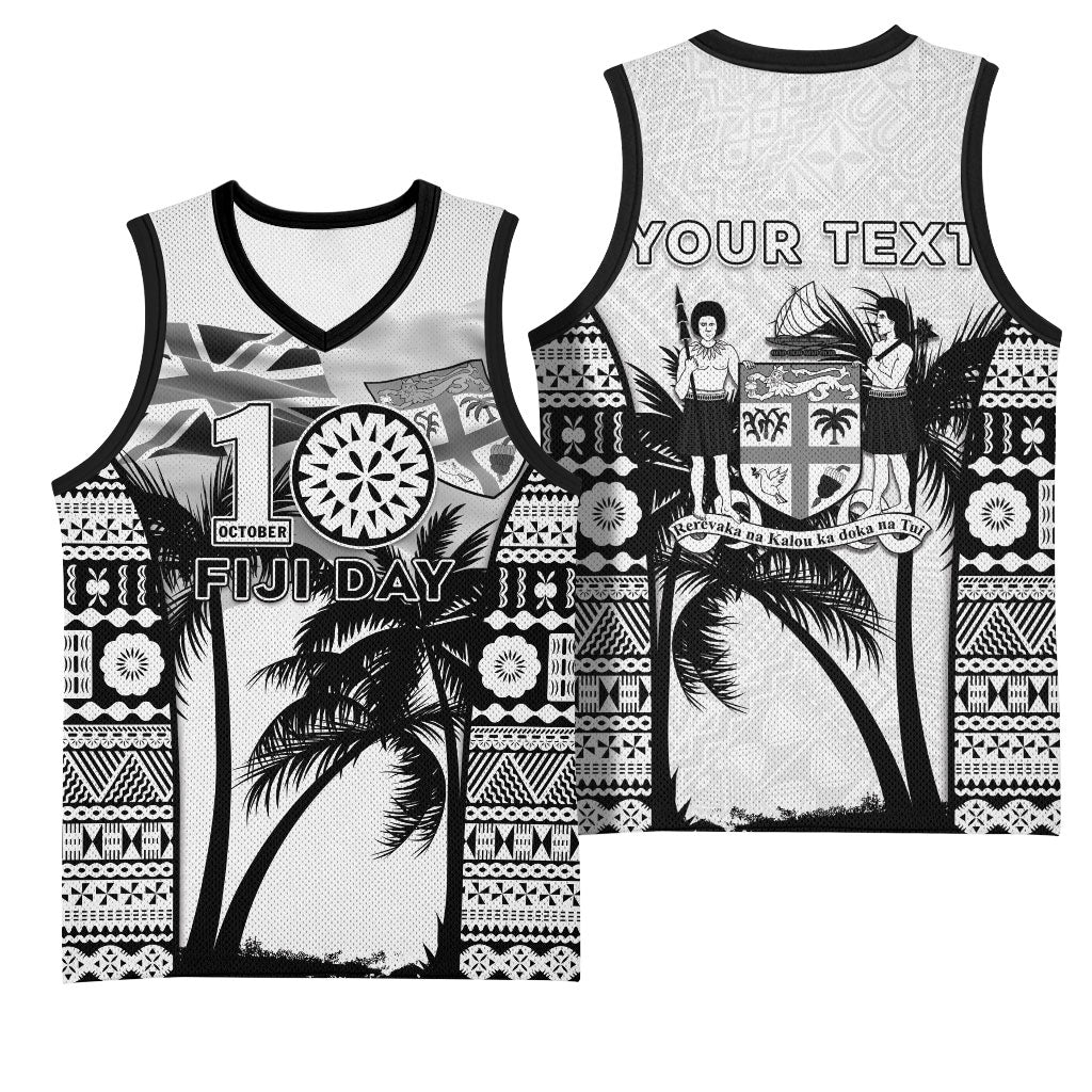 Personalised Fiji Day 2026 Basketball Jersey Masi Tapa Pattern With Palm Tree White Version LT05 - Polynesian Pride