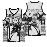 Personalised Fiji Day 2026 Basketball Jersey Masi Tapa Pattern With Palm Tree White Version LT05 - Polynesian Pride