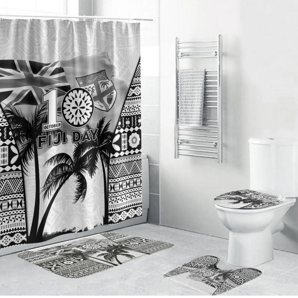 Fiji Day 2026 Bathroom Set Masi Tapa Pattern With Palm Tree White Version LT05 Bathroom Set (4 pcs) White - Polynesian Pride