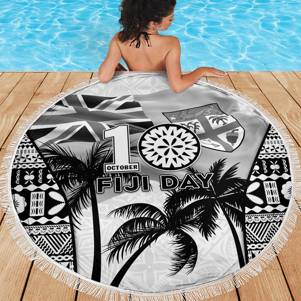 Fiji Day 2026 Beach Blanket Masi Tapa Pattern With Palm Tree White Version LT05 - Polynesian Pride