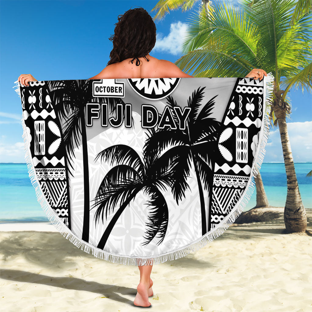 Fiji Day 2026 Beach Blanket Masi Tapa Pattern With Palm Tree White Version LT05 - Polynesian Pride