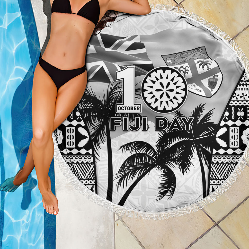 Fiji Day 2026 Beach Blanket Masi Tapa Pattern With Palm Tree White Version LT05 - Polynesian Pride
