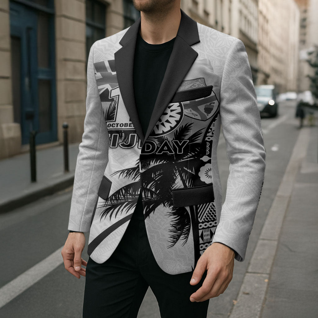 Personalised Fiji Day 2026 Blazer Masi Tapa Pattern With Palm Tree White Version LT05 - Polynesian Pride