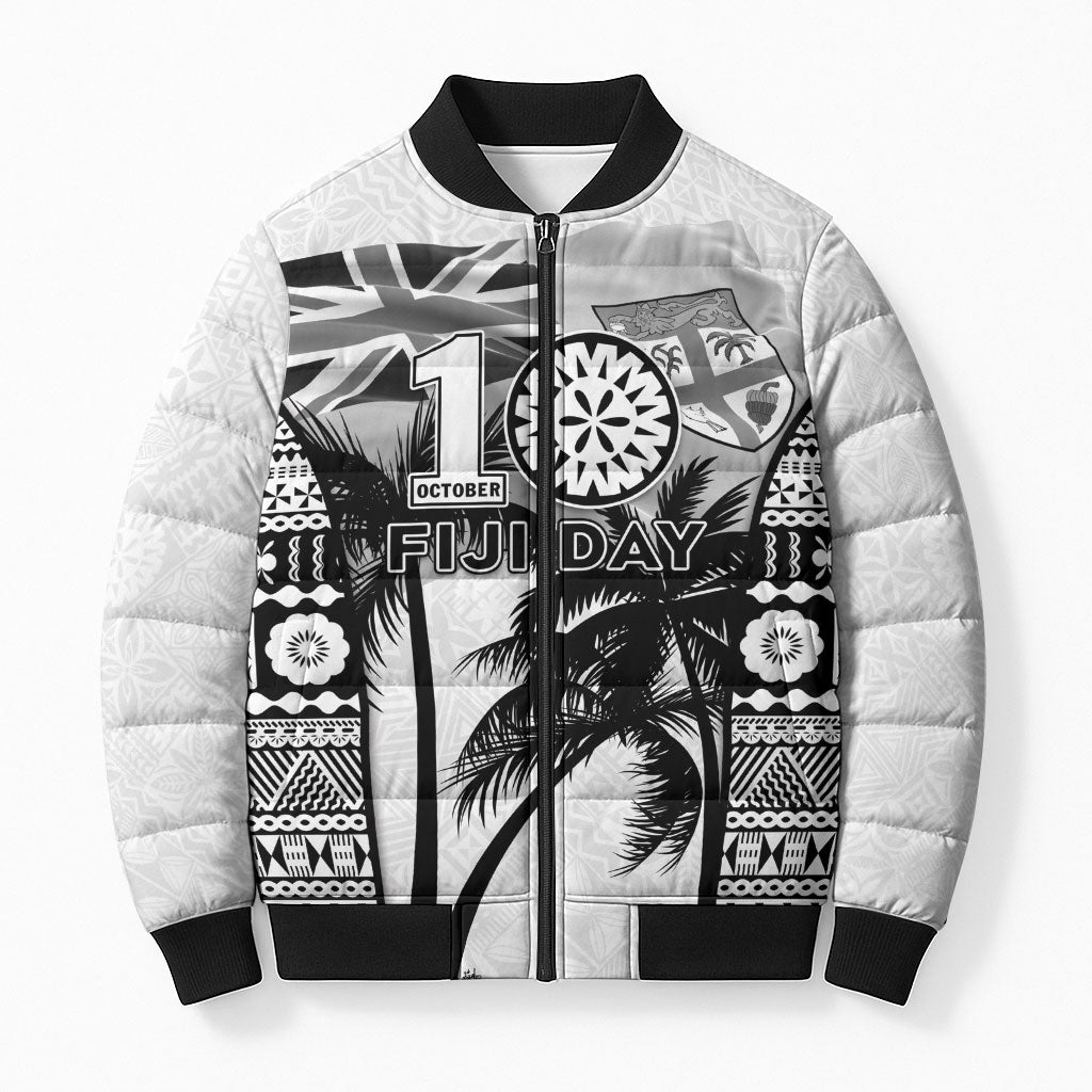 Personalised Fiji Day 2026 Bomber Puffer Jacket Masi Tapa Pattern With Palm Tree White Version LT05 Unisex White - Polynesian Pride