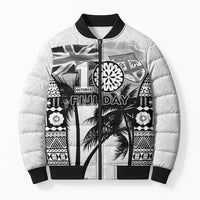 Personalised Fiji Day 2026 Bomber Puffer Jacket Masi Tapa Pattern With Palm Tree White Version LT05 Unisex White - Polynesian Pride