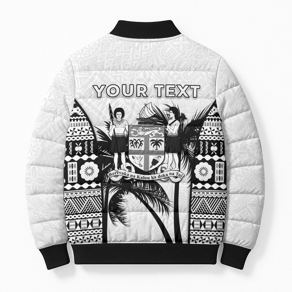 Personalised Fiji Day 2026 Bomber Puffer Jacket Masi Tapa Pattern With Palm Tree White Version LT05 - Polynesian Pride