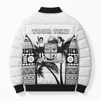 Personalised Fiji Day 2026 Bomber Puffer Jacket Masi Tapa Pattern With Palm Tree White Version LT05 - Polynesian Pride