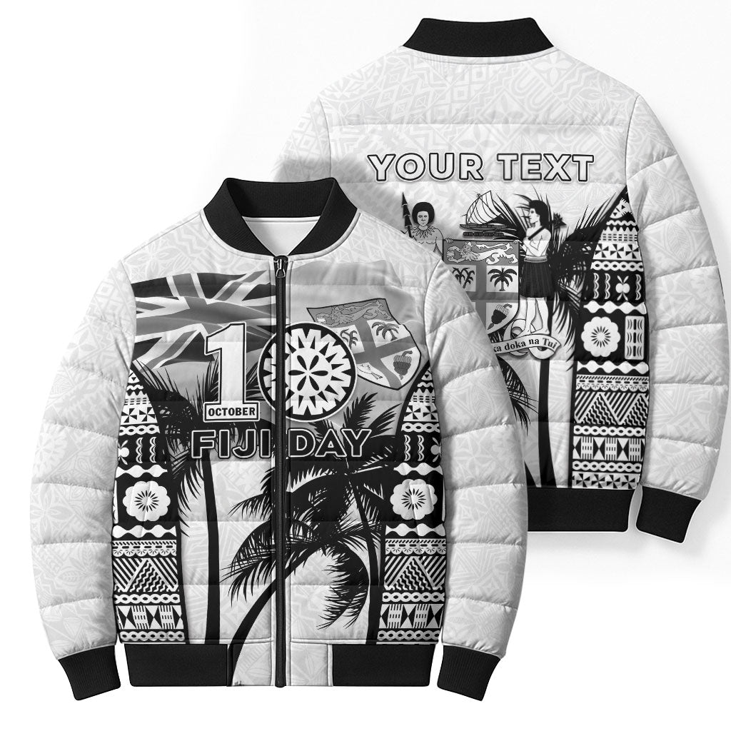 Personalised Fiji Day 2026 Bomber Puffer Jacket Masi Tapa Pattern With Palm Tree White Version LT05 - Polynesian Pride
