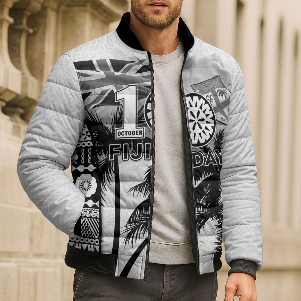 Personalised Fiji Day 2026 Bomber Puffer Jacket Masi Tapa Pattern With Palm Tree White Version LT05 - Polynesian Pride
