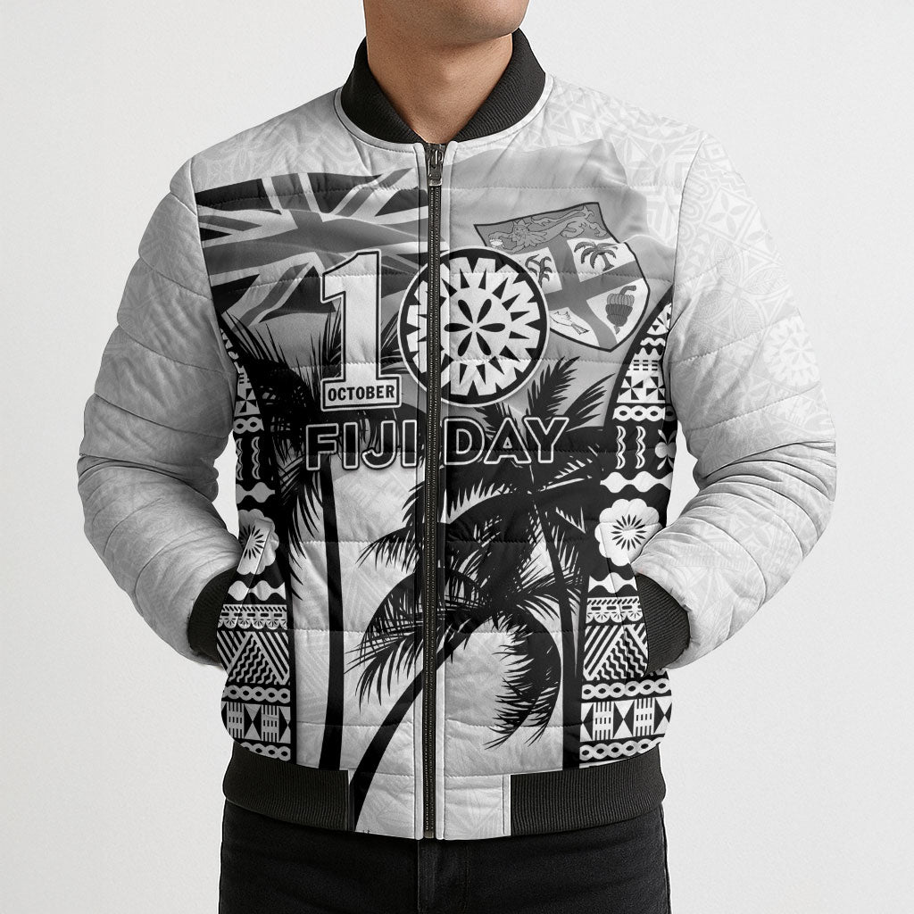 Personalised Fiji Day 2026 Bomber Puffer Jacket Masi Tapa Pattern With Palm Tree White Version LT05 - Polynesian Pride