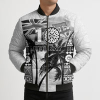 Personalised Fiji Day 2026 Bomber Puffer Jacket Masi Tapa Pattern With Palm Tree White Version LT05 - Polynesian Pride