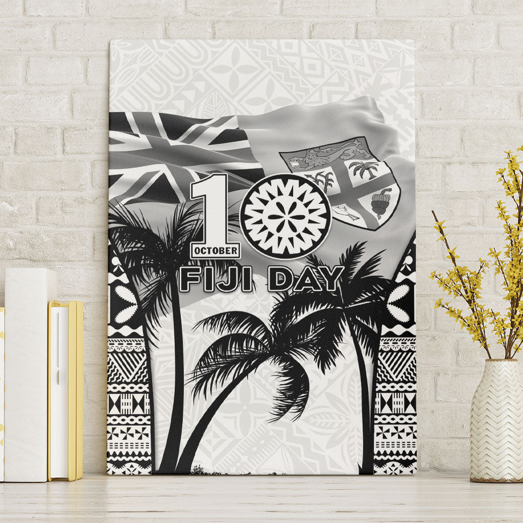 Fiji Day 2026 Canvas Wall Art Masi Tapa Pattern With Palm Tree White Version LT05 Without Frame White - Polynesian Pride