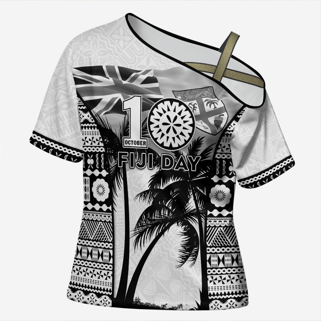 Personalised Fiji Day 2026 Cross Shoulder Shirt Masi Tapa Pattern With Palm Tree White Version LT05 Female White - Polynesian Pride