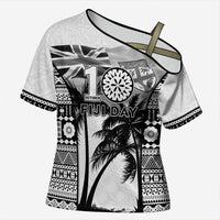Personalised Fiji Day 2026 Cross Shoulder Shirt Masi Tapa Pattern With Palm Tree White Version LT05 Female White - Polynesian Pride