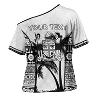 Personalised Fiji Day 2026 Cross Shoulder Shirt Masi Tapa Pattern With Palm Tree White Version LT05 - Polynesian Pride