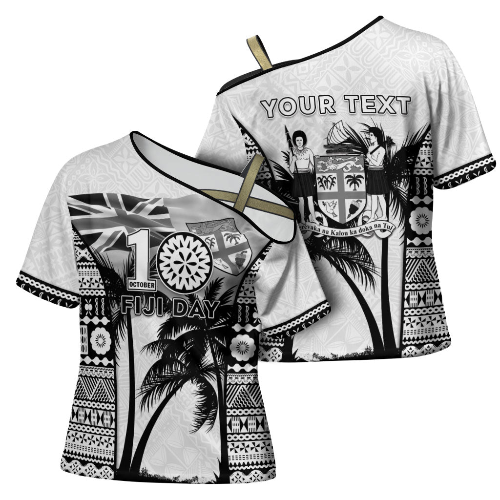 Personalised Fiji Day 2026 Cross Shoulder Shirt Masi Tapa Pattern With Palm Tree White Version LT05 - Polynesian Pride
