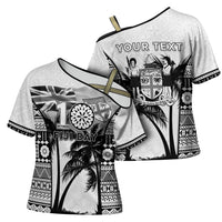 Personalised Fiji Day 2026 Cross Shoulder Shirt Masi Tapa Pattern With Palm Tree White Version LT05 - Polynesian Pride