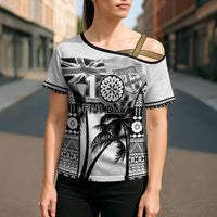 Personalised Fiji Day 2026 Cross Shoulder Shirt Masi Tapa Pattern With Palm Tree White Version LT05 - Polynesian Pride