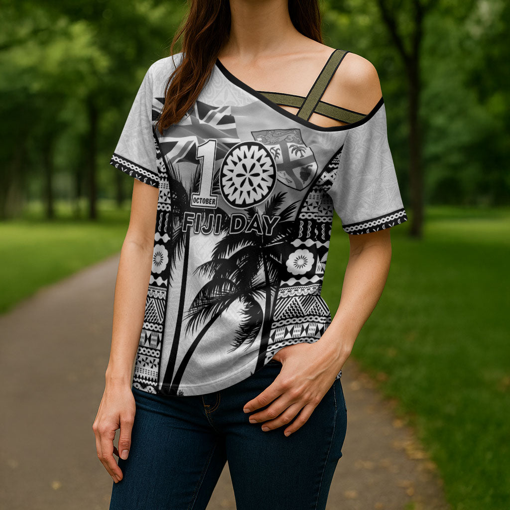 Personalised Fiji Day 2026 Cross Shoulder Shirt Masi Tapa Pattern With Palm Tree White Version LT05 - Polynesian Pride