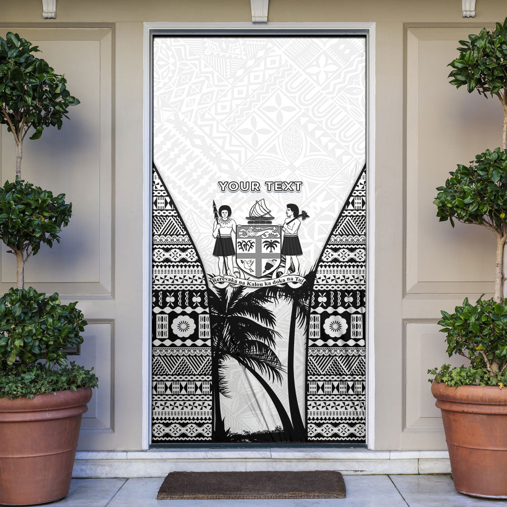 Personalised Fiji Day 2026 Door Cover Masi Tapa Pattern With Palm Tree White Version
