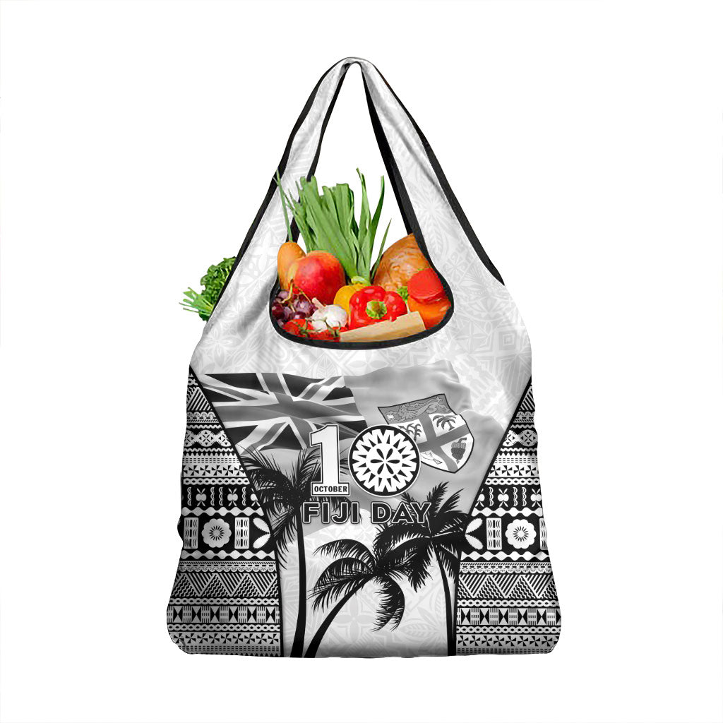 Fiji Day 2026 Grocery Bag Masi Tapa Pattern With Palm Tree White Version LT05 1-pack One Size White - Polynesian Pride