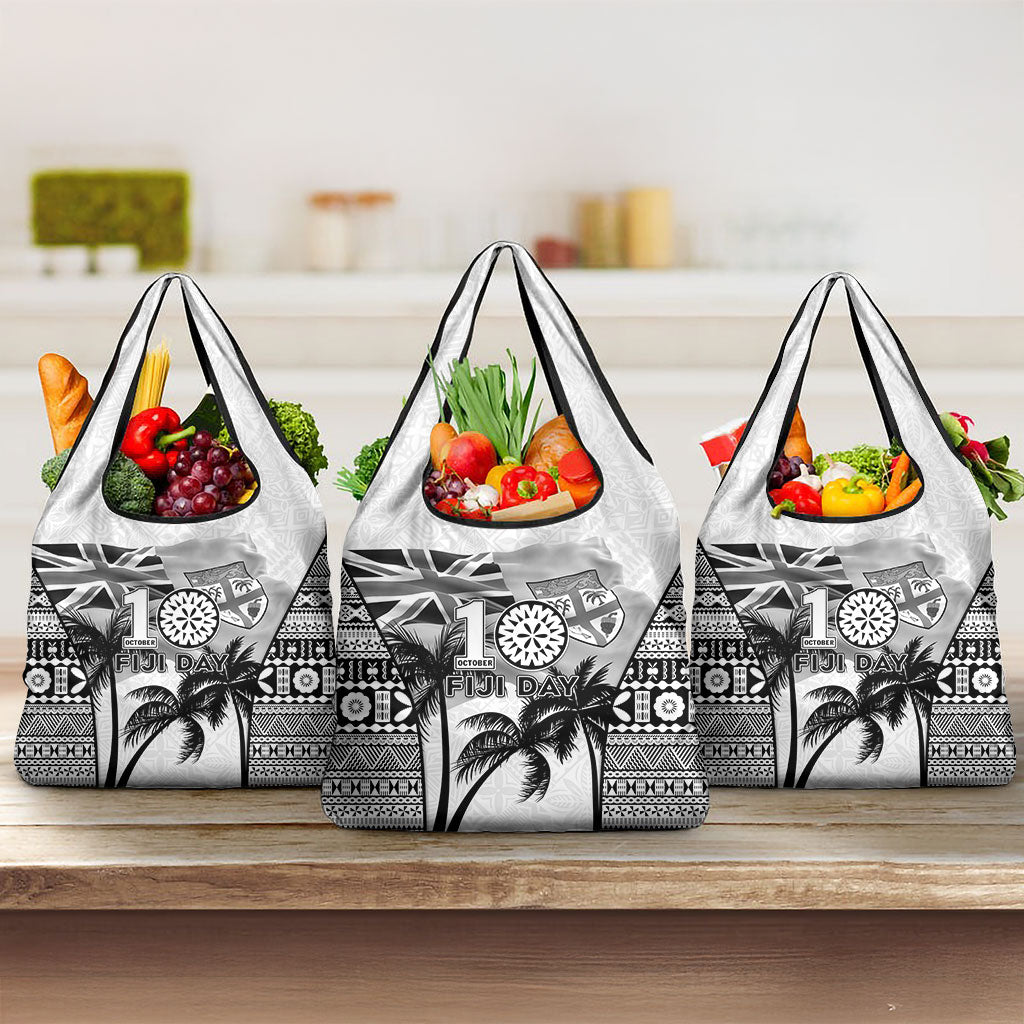 Fiji Day 2026 Grocery Bag Masi Tapa Pattern With Palm Tree White Version LT05 3-pack One Size White - Polynesian Pride