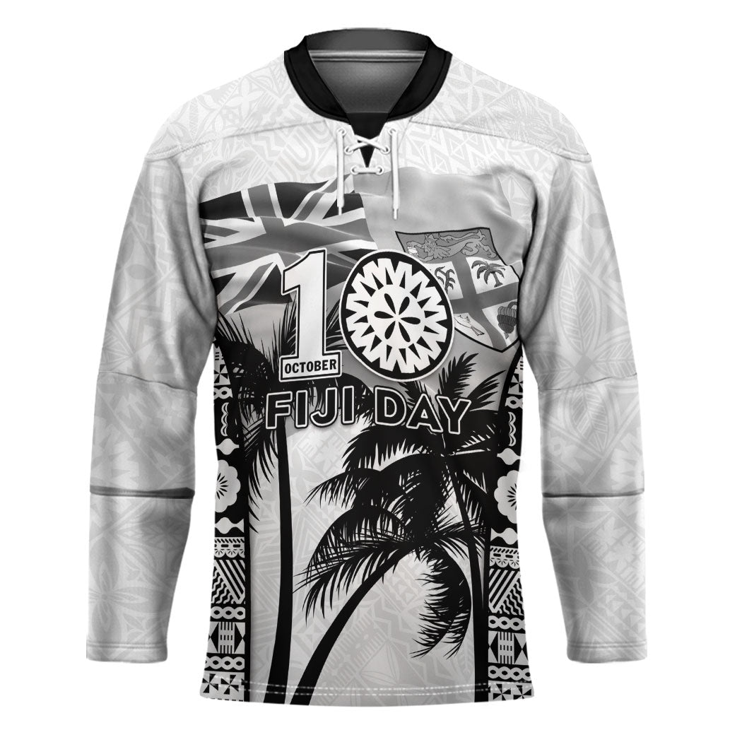 Personalised Fiji Day 2026 Hockey Jersey Masi Tapa Pattern With Palm Tree White Version LT05 Unisex White - Polynesian Pride