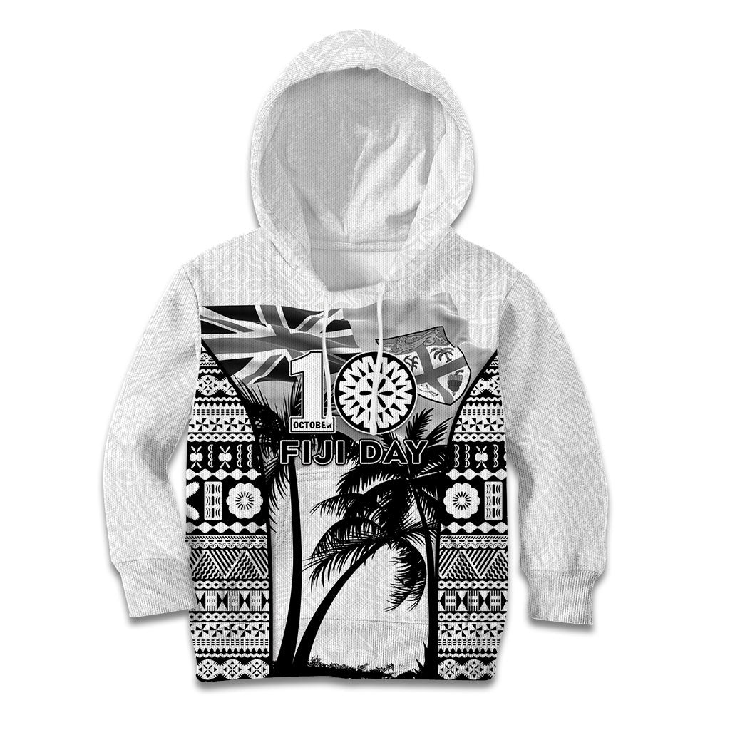 Personalised Fiji Day 2026 Kid Hoodie Masi Tapa Pattern With Palm Tree White Version LT05 Hoodie White - Polynesian Pride