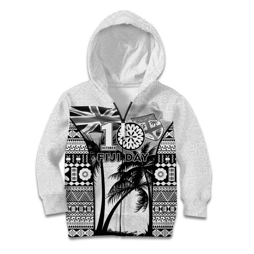 Personalised Fiji Day 2026 Kid Hoodie Masi Tapa Pattern With Palm Tree White Version LT05 Zip Hoodie White - Polynesian Pride
