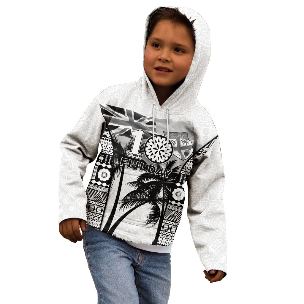 Personalised Fiji Day 2026 Kid Hoodie Masi Tapa Pattern With Palm Tree White Version LT05 - Polynesian Pride