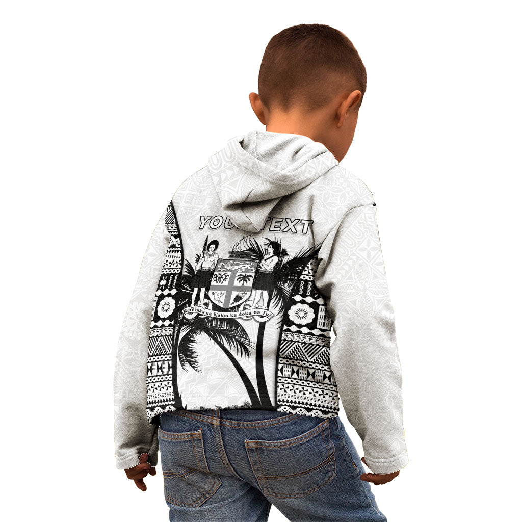 Personalised Fiji Day 2026 Kid Hoodie Masi Tapa Pattern With Palm Tree White Version LT05 - Polynesian Pride