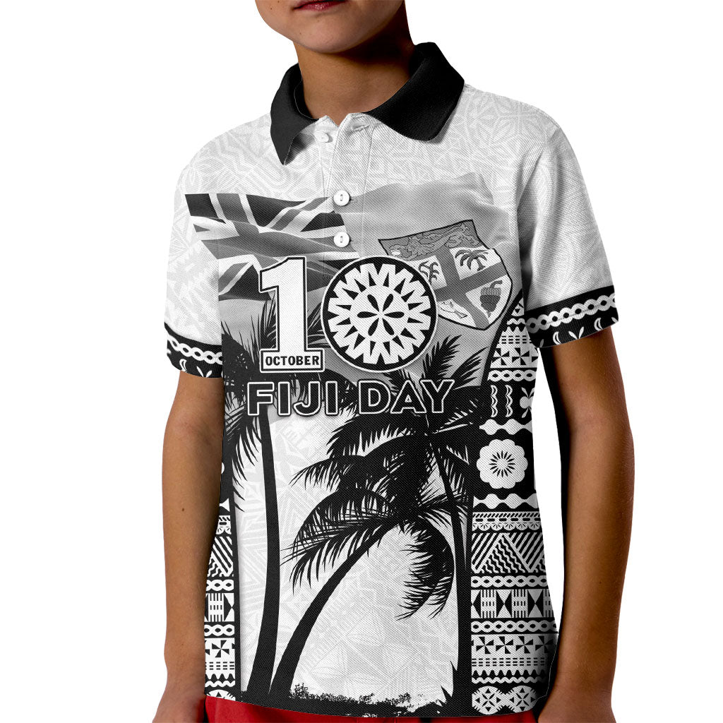 Personalised Fiji Day 2026 Kid Polo Shirt Masi Tapa Pattern With Palm Tree White Version LT05 Kid White - Polynesian Pride