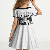 Personalised Fiji Day 2026 Kid Short Sleeve Dress Masi Tapa Pattern With Palm Tree White Version