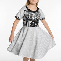 Personalised Fiji Day 2026 Kid Short Sleeve Dress Masi Tapa Pattern With Palm Tree White Version